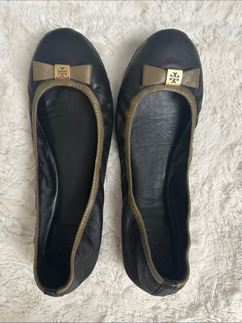 Tory Burch Eddie bow black & tan ballet flats Sz 10